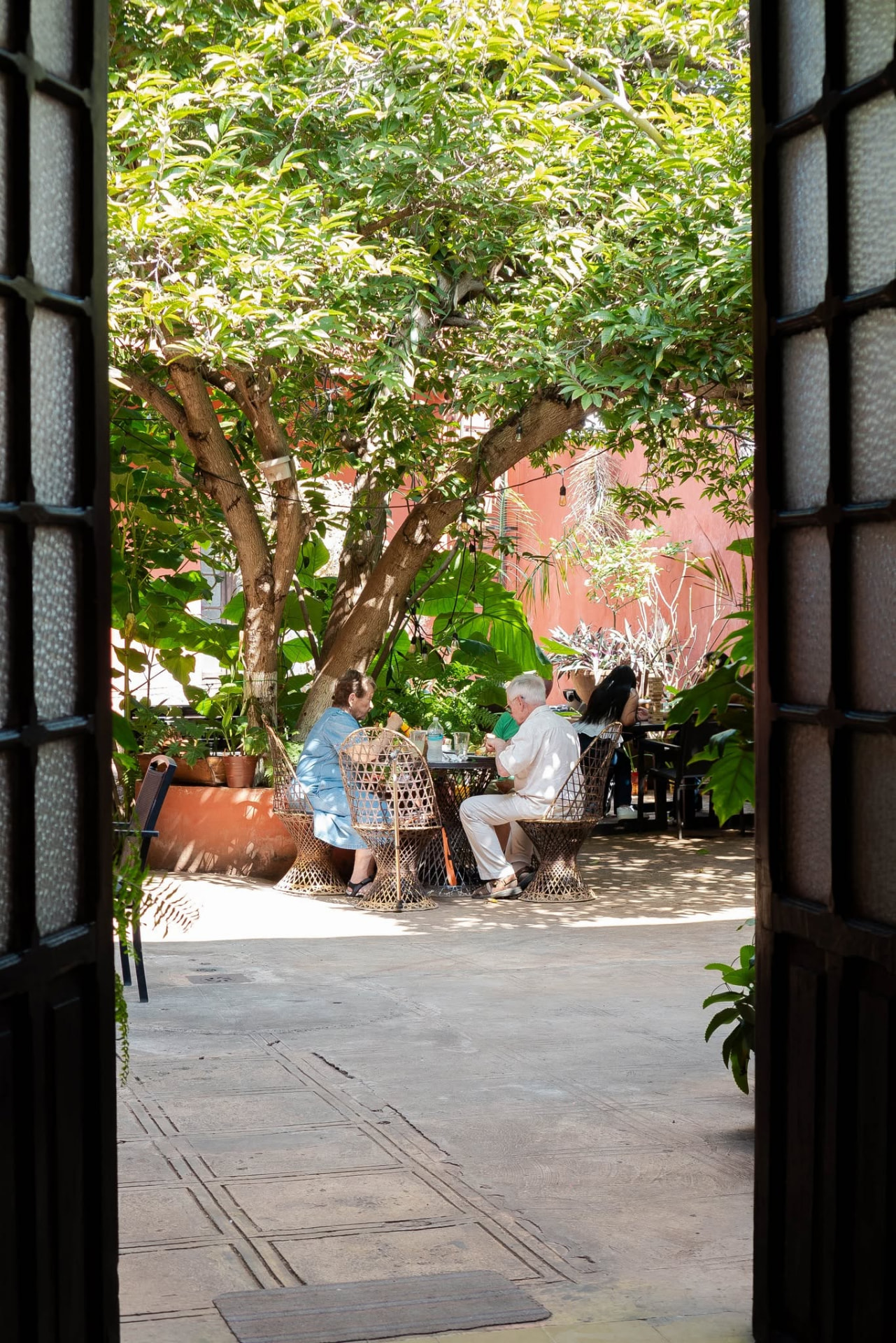 Jardín interior de La Casa del Flan con mesas bajo los árboles